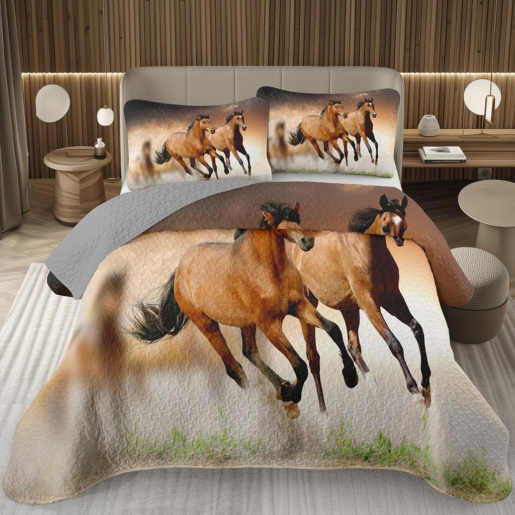 Wild Horse Bedspread Queen/Full Galloping Horse Pattern Quilted Bedding Set Farm Animal Coverlet Set Reversible Rustic Bed Cover
