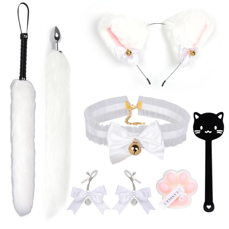 Cat Tail Bell Headband, Anal Plug, Nipple Clamps Flirting Set