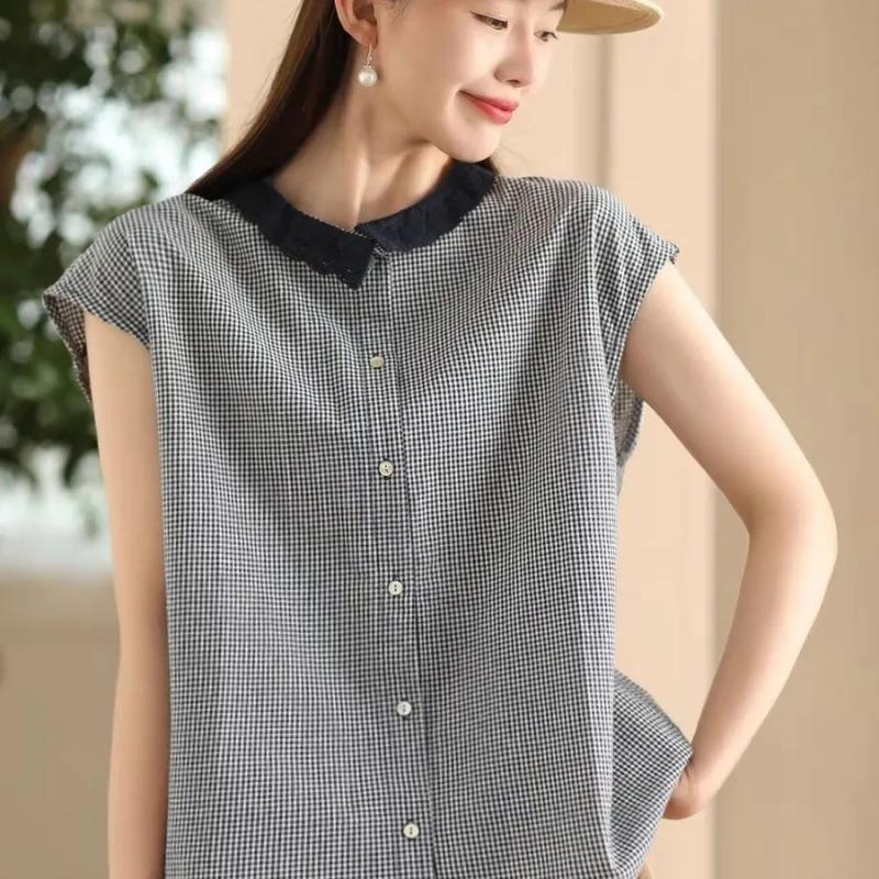 Women Gingham Contrast Ruffle Collar Cap Sleeve Button Down Shirt M чёрный