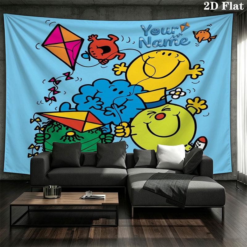 Mr. Men Little Miss Custom Name Wall Tapestry Aesthetic Wall Hanging Printed Fabric Blanket Decorative Tapestries for Bedroom Living Room Home Decor