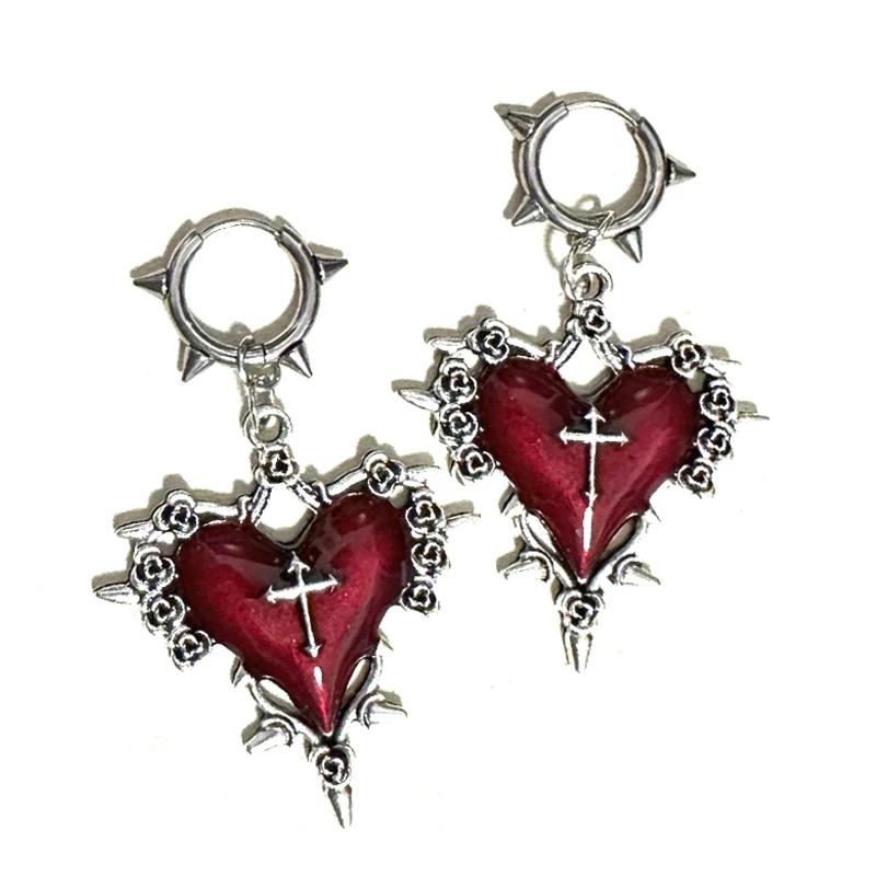

Goth Jewelry Thorns Heart Cross Earrings Red Drip Oil Rose Flower Earrings for Women красный