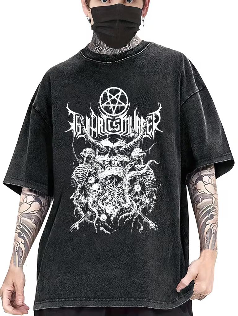 Gothic Demon Skull Pentagram Graphic T Shirt Vintage Washed Distressed Oversized Heavy Metal Tee Shirt for Goth Lovers