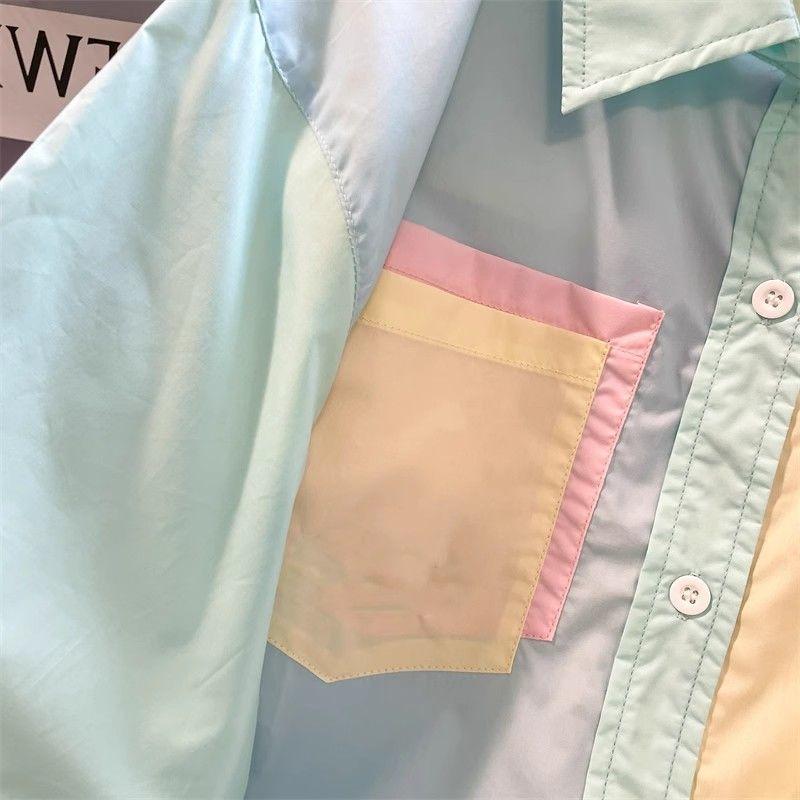 Camicie Patchwork Colorate Dolci Estive Studente Manica Corta Monopetto Harajuku Ampie Casual