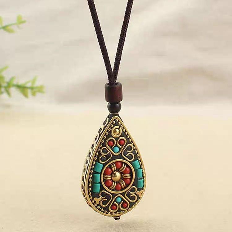 Elegant Ethnic Tibetan Water Drop Pendant Necklace for Women - Versatile, High-End, Long Sweater Chain