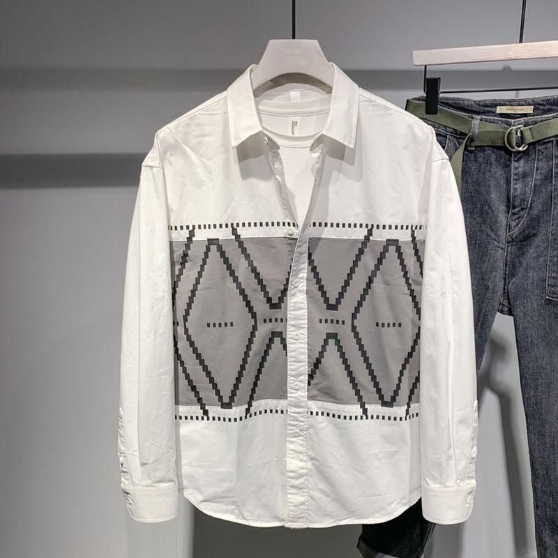 New Spring and Autumn Fashion Retro Geometric Pattern Contrast Panel Loose Casual Versatile Oversize Men's Shirt Trend