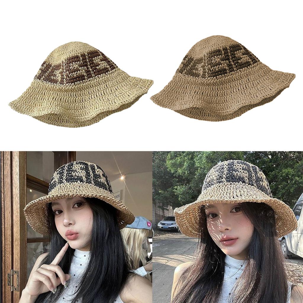 Handcrafted Crochet Fisherman Hat Embroidered Letters Wide Brim Foldable Breathable Straw Sun Hat For Beach Vacation Outdoor Activities