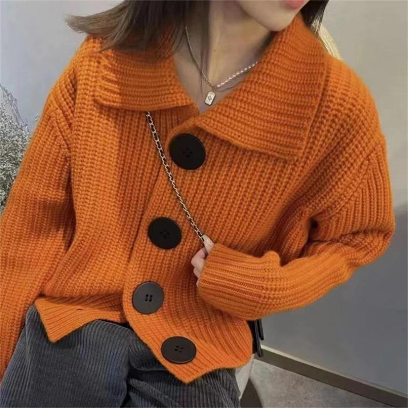 Knitted Cardigan Women's Autumn Clothing New Long-sleeved Loose Fashion Large Button Lapel Short Sweater Jacket