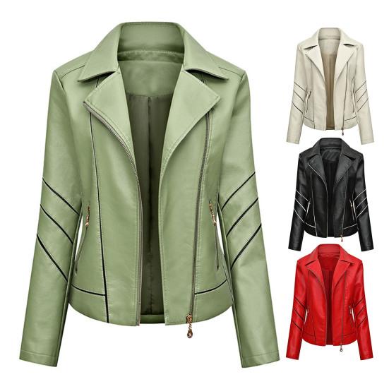 Women Jacket Solid Color Faux Leather Windproof Slim Lady Coat for Motorcycle Riding