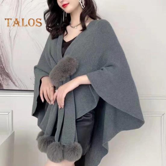 Damen-Umhang, Schal, V-Ausschnitt, einfarbig, Plüsch-Ball-Dekor, Kreuz-Design, warm, vielseitiger Strickschal, Alltagskleidung