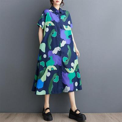 Kurzarm-Kleid in Übergröße, Vintage-Blumenmuster, neu in Kleidern für Damen, lässig, locker, lang, Sommer-Hemdkleid