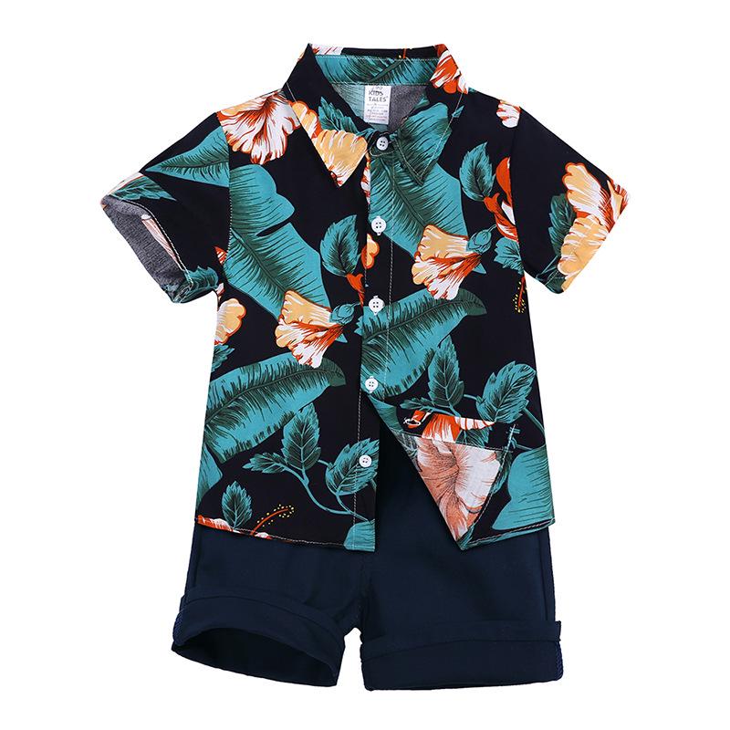 Blumenblatt-Print Kurzarm-Hemd Set für Jungen - Europäischer & Amerikanischer Stil