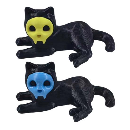 Cat Pen Holder 3D Printed Black Cat Ornament Cat Figurine with Detachable Skull Mask for Home Office Desk Halloween Decoration
