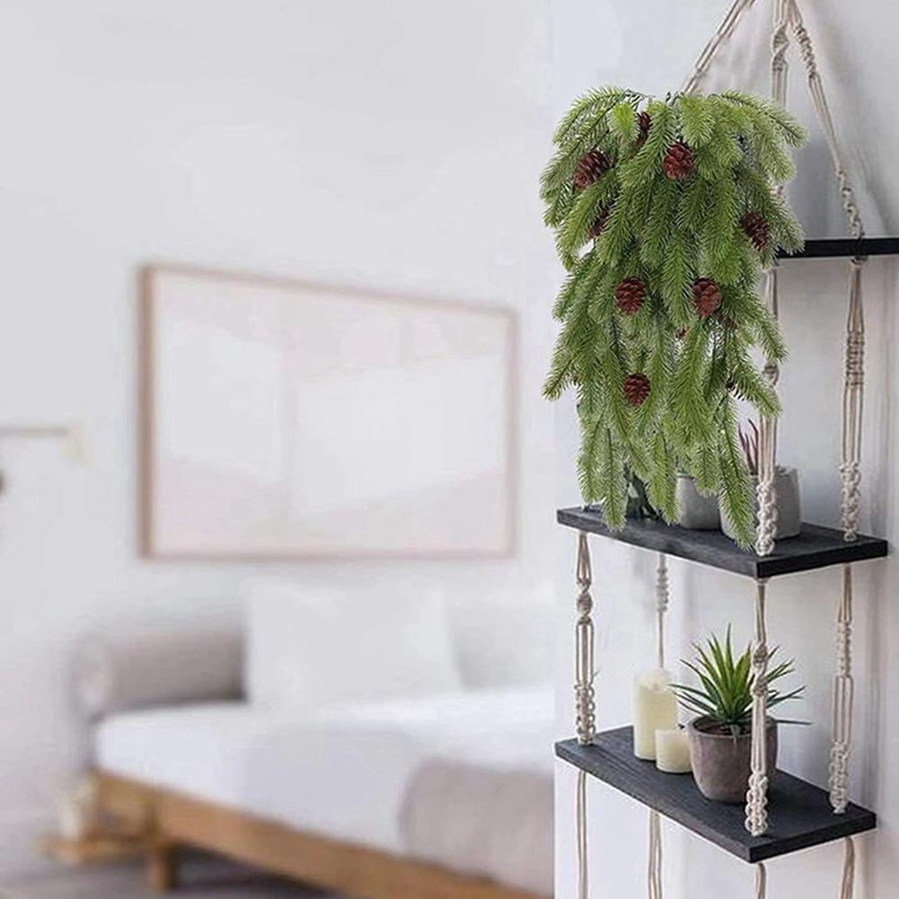 2pcs Artificial Christmas Pine Needle Rattan Wall Hanging Fake Pine Cone Decoration