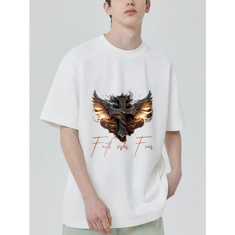 Faith Over Fear T Shirt Black Cross with Wings and Flames Design for Men Casual Wear Streetwear Fashion Statement Top