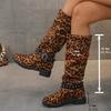 Fashion 2025 New Designer Leopard Women Knee High Boots Sexy High Heels Shoes Chunky Pumps Winter Trend Casual Goth Chelsea Botas Mujer