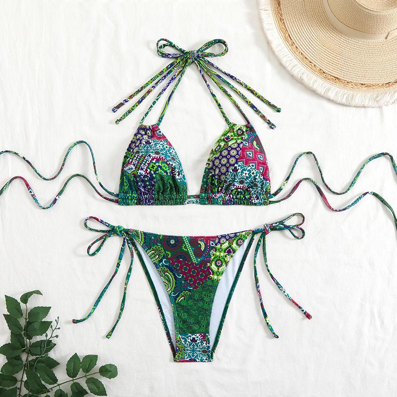 Women's Bikini Suit New Summer Sexy Floral Double Spaghetti Straps Two Piece Swimming Set Ladies Bathing Suit