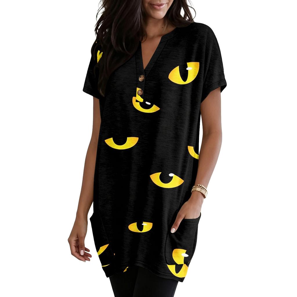 Women's Halloween V-Neck Short Sleeve T-Shirt with Pocket, Pullover Top, Printed Graphic Tee
