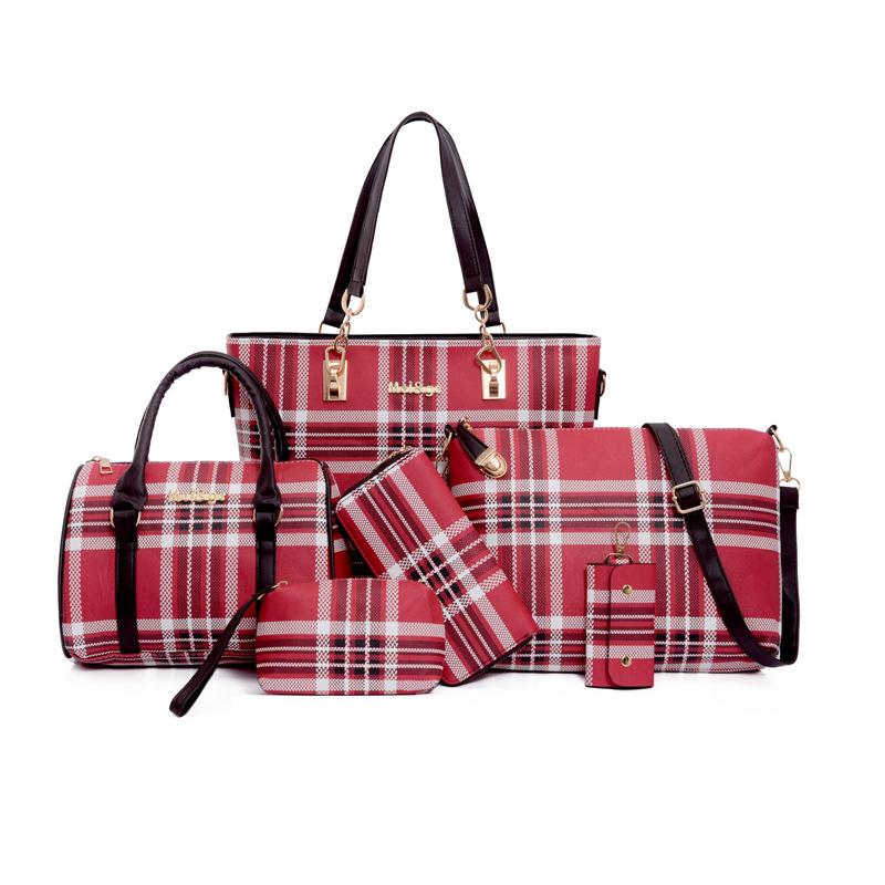 New Fashion Handbag Plaid Six-piece Set, Mother and Child Bag, Striped Shoulder Bag, Oblique Span Bag, Large-capacity Retro Women's Bag