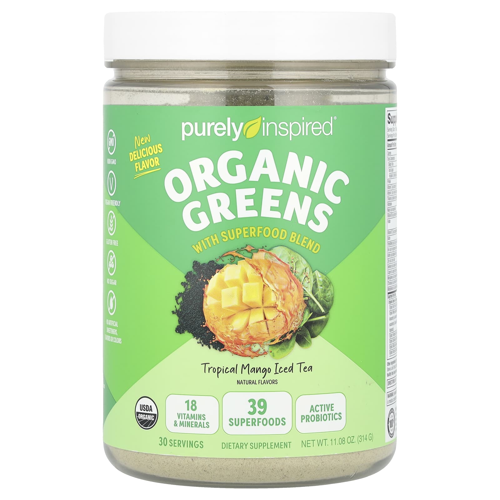 

Organic Greens With Superfood Blend, Tropical Mango Iced Tea, 11.08 Oz (314 G)