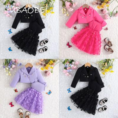 Children Clothing Autumn Winter Girls Long Sleeved Suit Crop Jacket + Tulle Dress 2 Piece Set Fashion Kids Skirt Sets