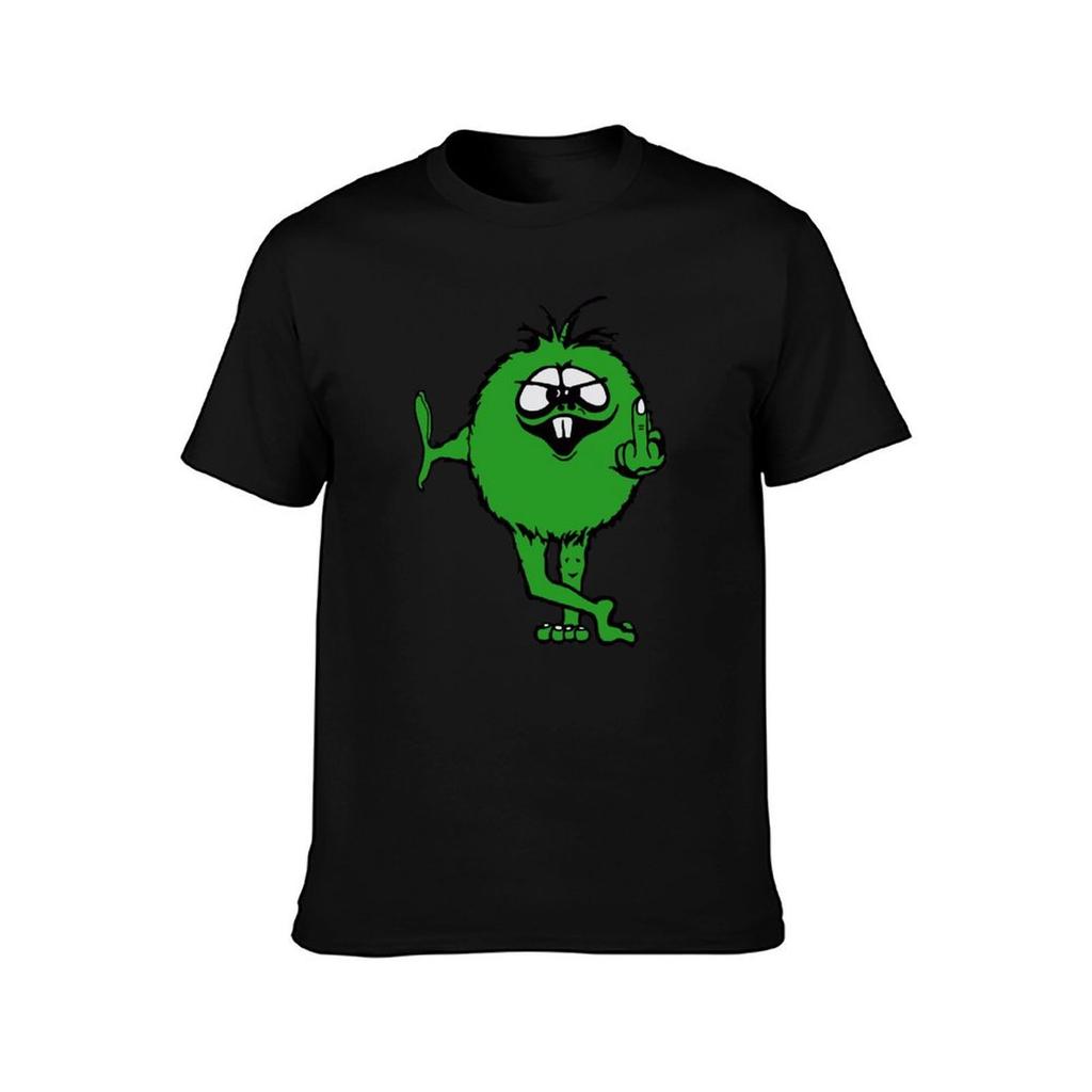 Green Guy flips bird  70s retro TShirt Soft Basic Cotton Short Sleeve Tee