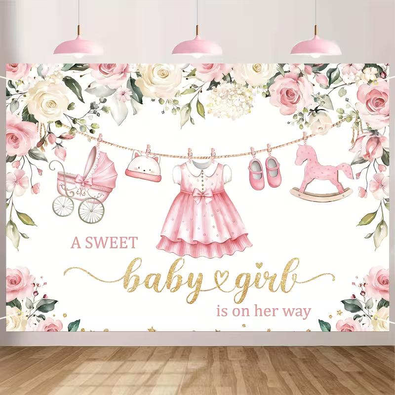

2D Baby Girl On Her Way Backdrop Cloth for Baby Shower Gender Reveal Photo Booth Background 47.2x31.5inch/120*80cm