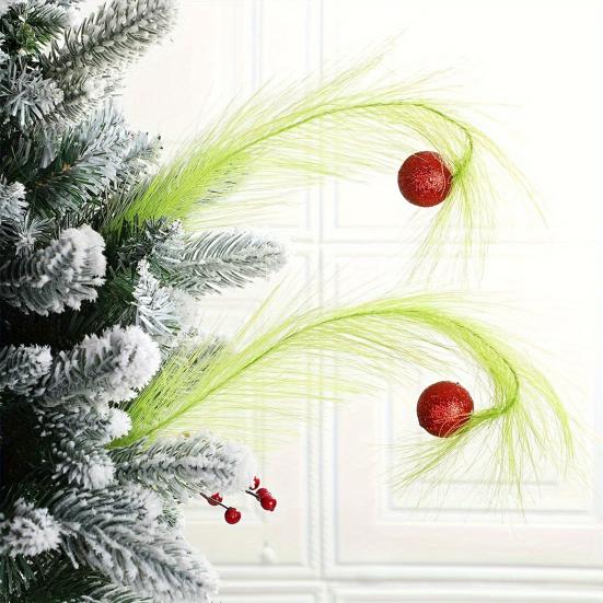 10 Stück Grüne Weihnachts-Picks Künstliche Pelzige Grüne Lockige Stiele Weihnachtsbaumspitze Ornamente mit Roter Kugel Weihnachtskranz