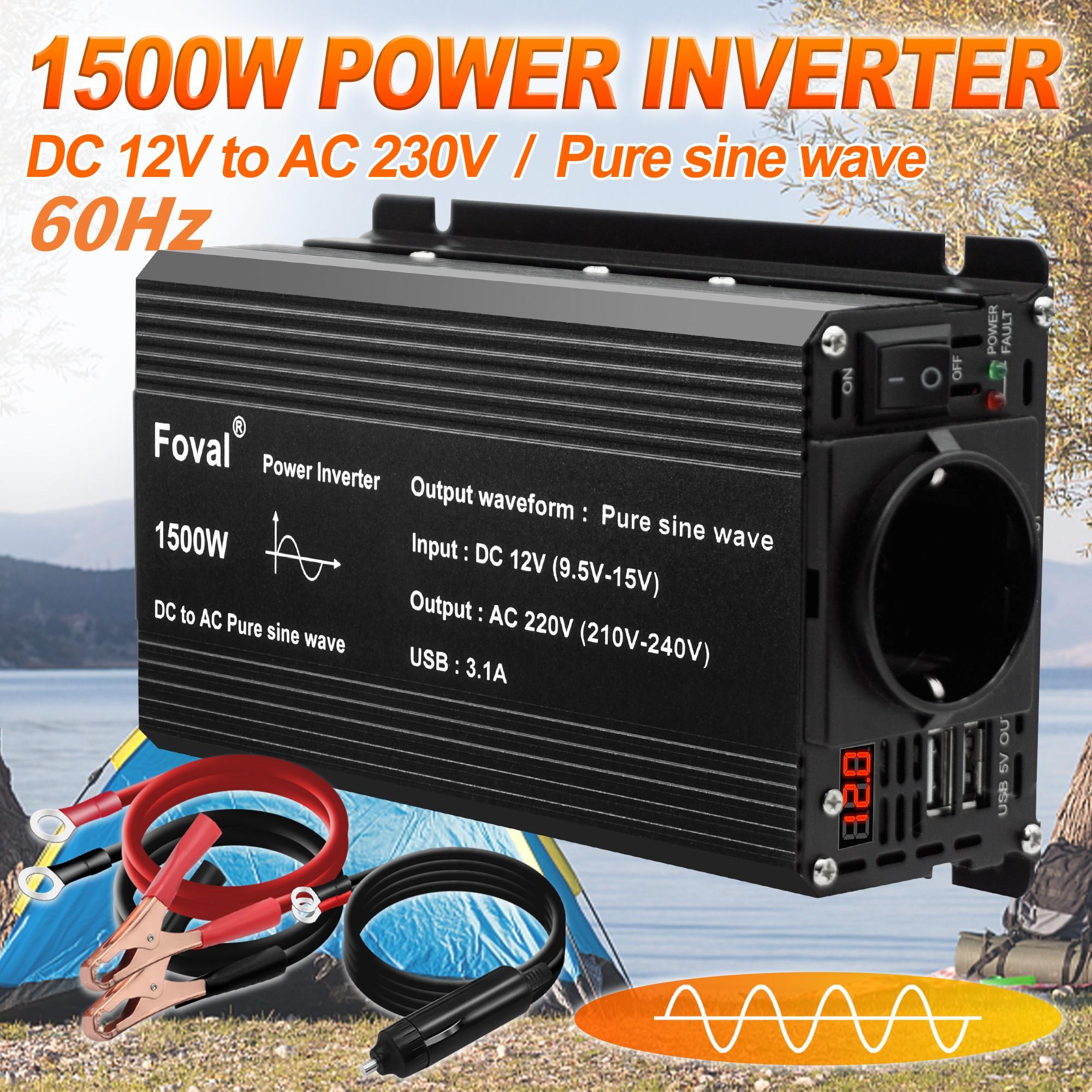 

1500 Вт (вершина горы) 12 В до 230 В 750 Вт номинальный инвертор чистой синусоиды 2 x 5 В 2,4 А USB-порты для автономных солнечных систем для кемпинга и дома 12V 220V 50Hz EU Socket чёрный