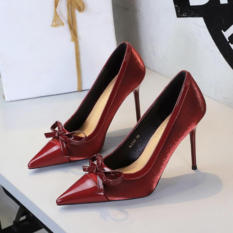 

Fashion European American Style Banquet Silk Threaded Heels High Heels Women s Temperament Bow Pointed Toe Shallow Mouth Single Shoes 34