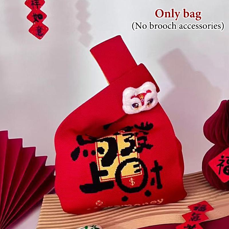 2026 Neujahr Cartoon Maskottchen Pony Gestrickte Geschenktasche Handheld Süßigkeitentasche Große Kapazität Knoten Handgelenktasche Niedliche Wiederverwendbare Einkaufstaschen