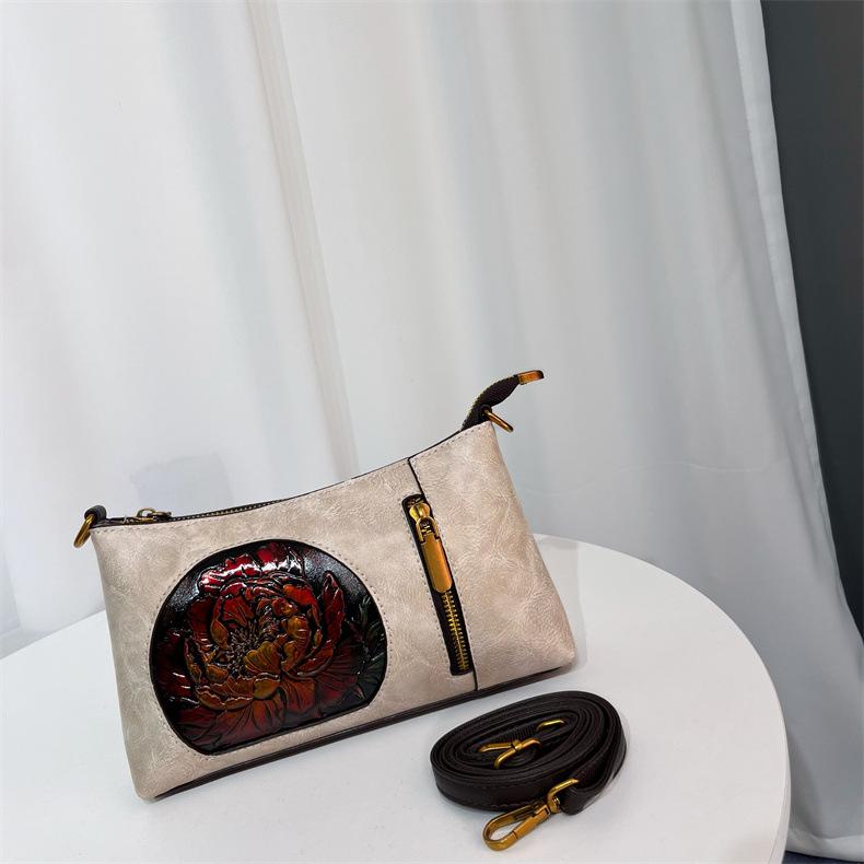 Ретро этнический стиль тиснение цветка легкая роскошная высококачественная мягкая прочная модная изысканная легкая сумка-кроссбоди на плечо для поездок и активного отдыха покинуть белый 2219₽