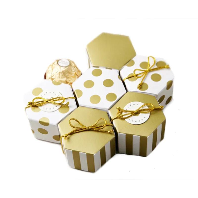 10pcs/lot Mini Gold Round Dot Striped Hexagonal Candy Box for Wedding Birthday Party Decoration Favor Gift Souvenirs PM003