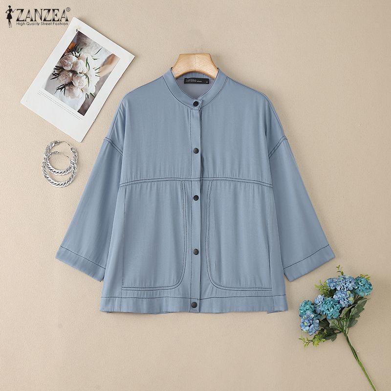 ZANZEA Dámská ležérní halenka s kulatým výstřihem, jednobarevná, s 3/4 rukávem, volného střihu