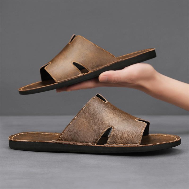 2025 New Designer Men Genuine Leather Slipper Summer Slides Simple Sandals Comfortable Cool Beach Shoes