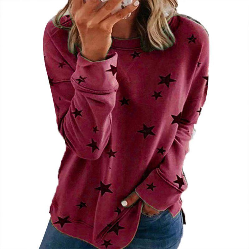 Tunic Casual Women Crew Neck Long Sleeve T Shirt Loose Star Print Tee Blouse Top