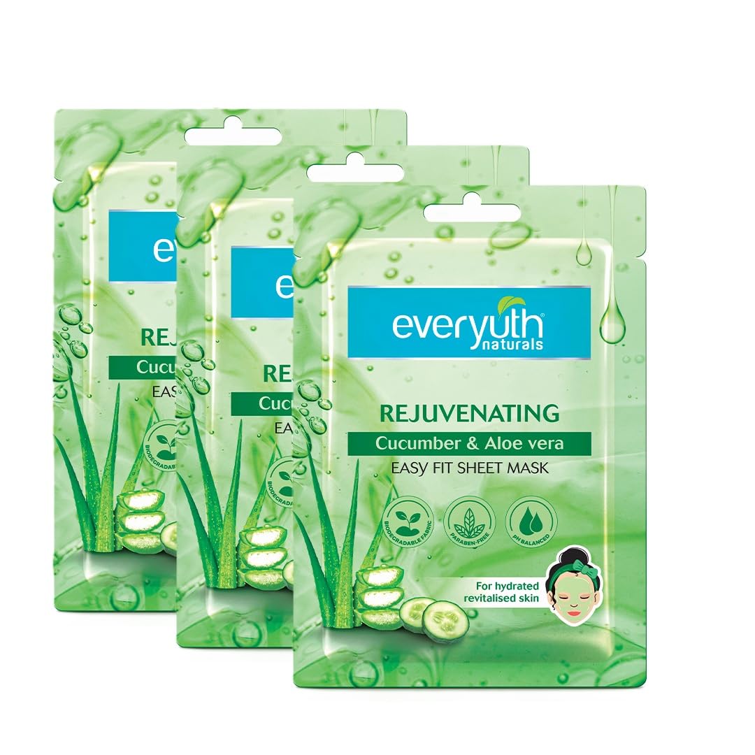 

Everyuth Naturals Rejuvenating Cucumber Aloe Vera Sheet Mask Pack Of 3 For Hydrated Soothing Skin Revitalized Glow With Easy Fit Biodegradable Design