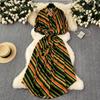 Women's Summer Waisted Tied Single Breasted Striped Shirt Long Dresses