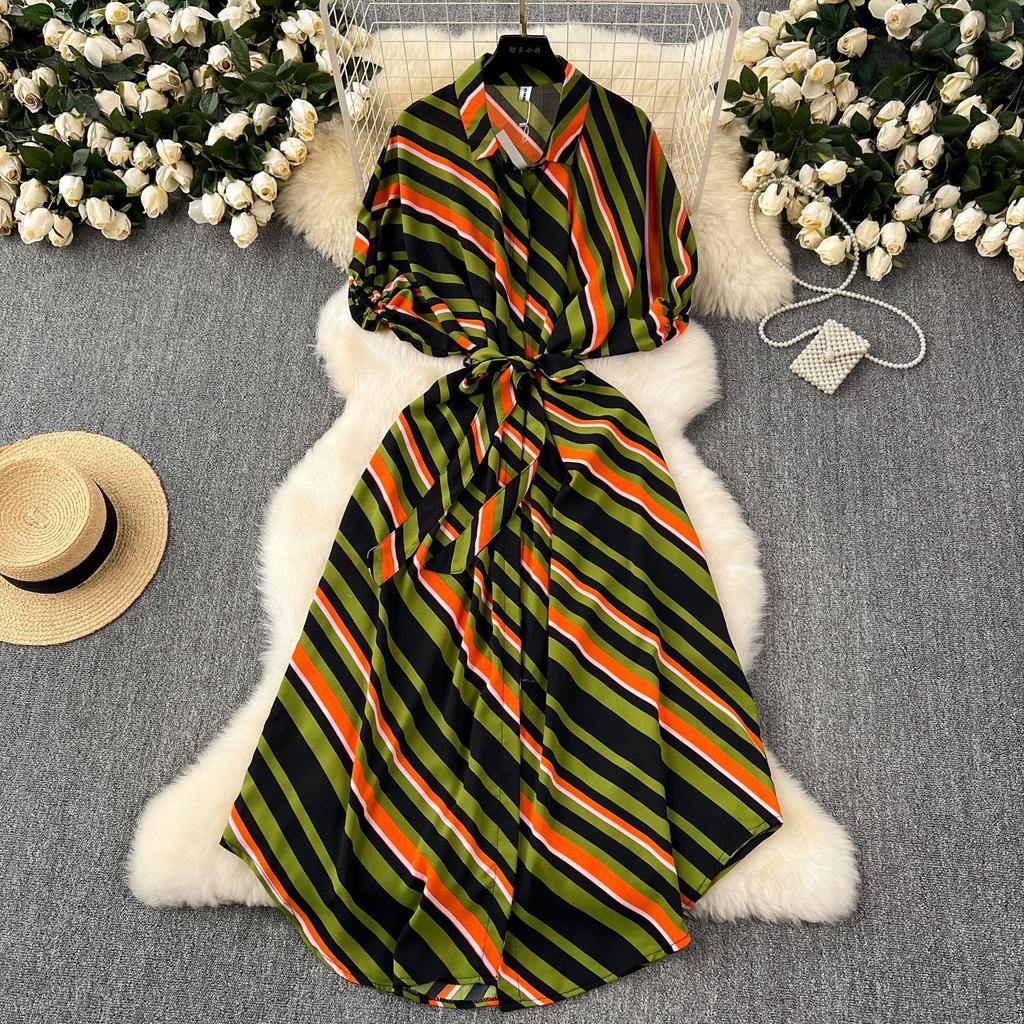 Women's Summer Waisted Tied Single Breasted Striped Shirt Long Dresses