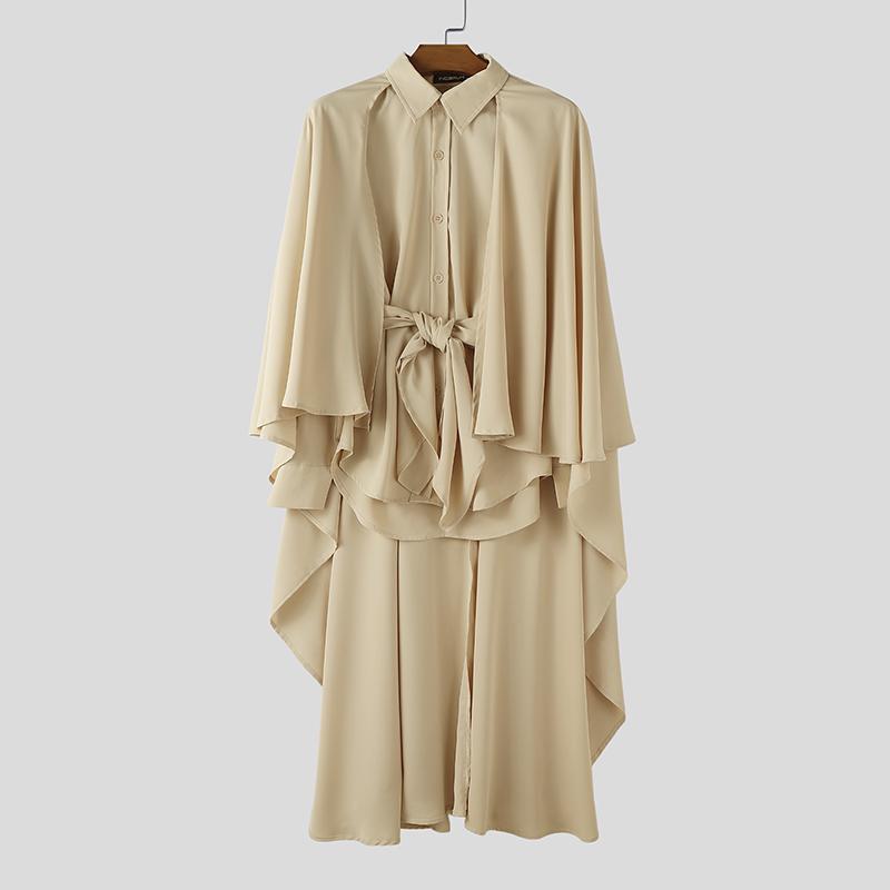 

INCERUN Men Lapel Collar Fake Two-piece Ruffled Bandage Long Shawl Shirts 5XL