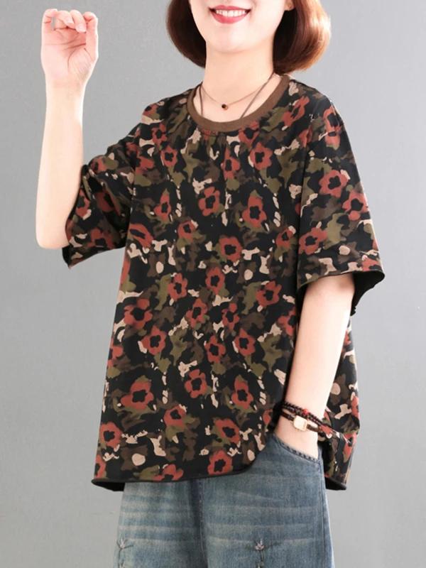 

Vintage Elegant Floral Print New Style Short-sleeved T-shirt Loose Fit Summer Floral Pattern Round Neck Casual Top L чорний