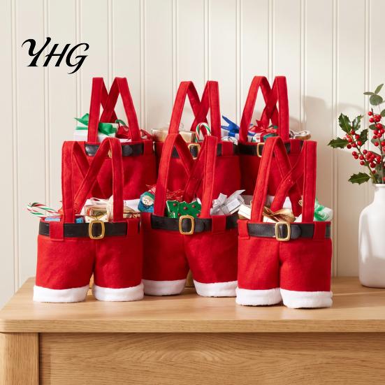 Christmas Tree Hanging Decor Santa Pants Gift Bag, Red Plush Candy Tote with Handles Soft Velvet Style Bags for Wine Bottle, Holiday Party Favor