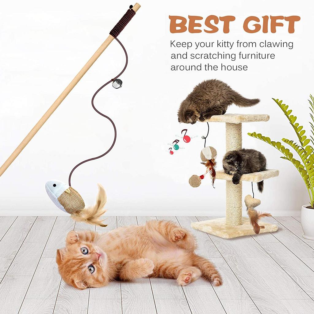 1Pcs Natural Cat Catcher Toy 40cm Wooden Pole With Bell Elastic Pole Turkey Feather Teaser Stick Wooden Pole Linen Feather 28g