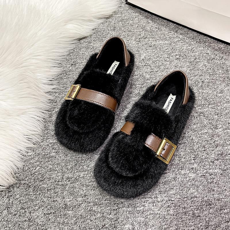 Soft-soled Fluffy Shoes Women's 2025 New Autumn and Winter Korean Version Round Head Velvet Cotton Shoes One Pedal Doudou Shoes Cotton Shoes Women's