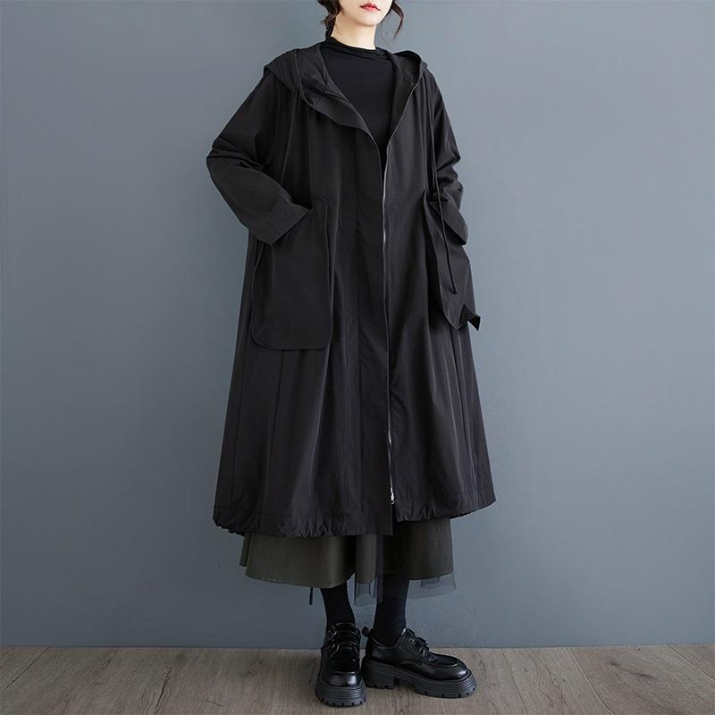Long Sleeve Oversized Vintage Black Hooded Casual Loose Autumn Spring Trench Coat for Women Outerwear