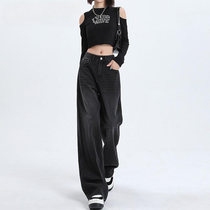 Black and gray high-waisted wide-leg jeans for women's spring, new loose and thin straight extended pants