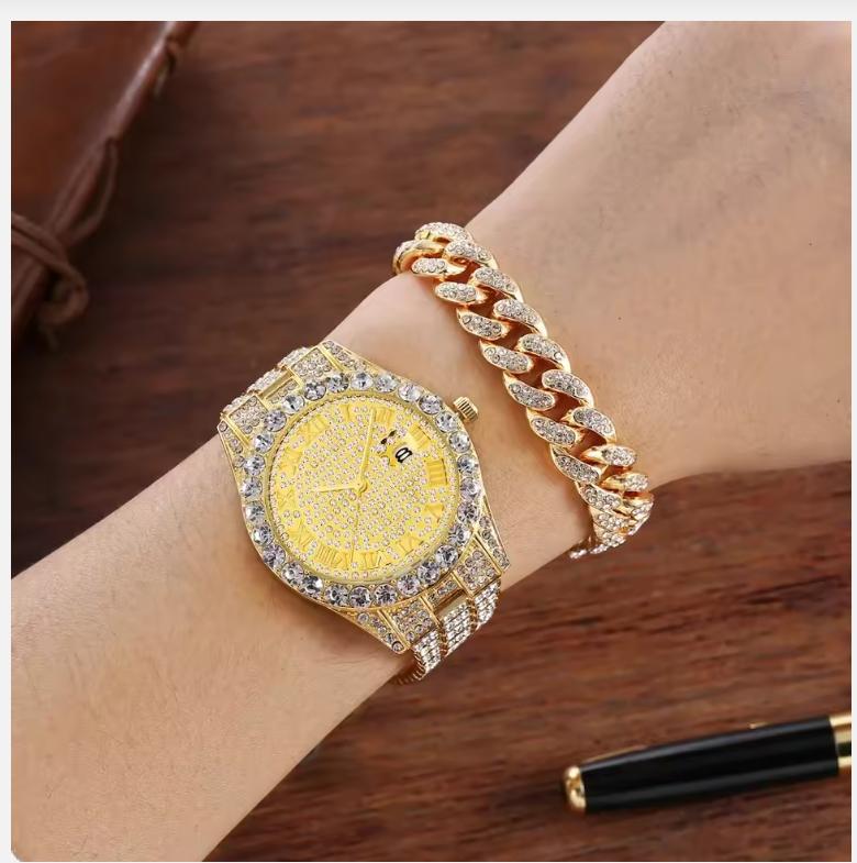xiaomi 2pcs/set - Glitzy Rhinestone Watch & Cuban Link Bracelet Set - Sparkling Quartz Timepiece with Durable Steel Strap