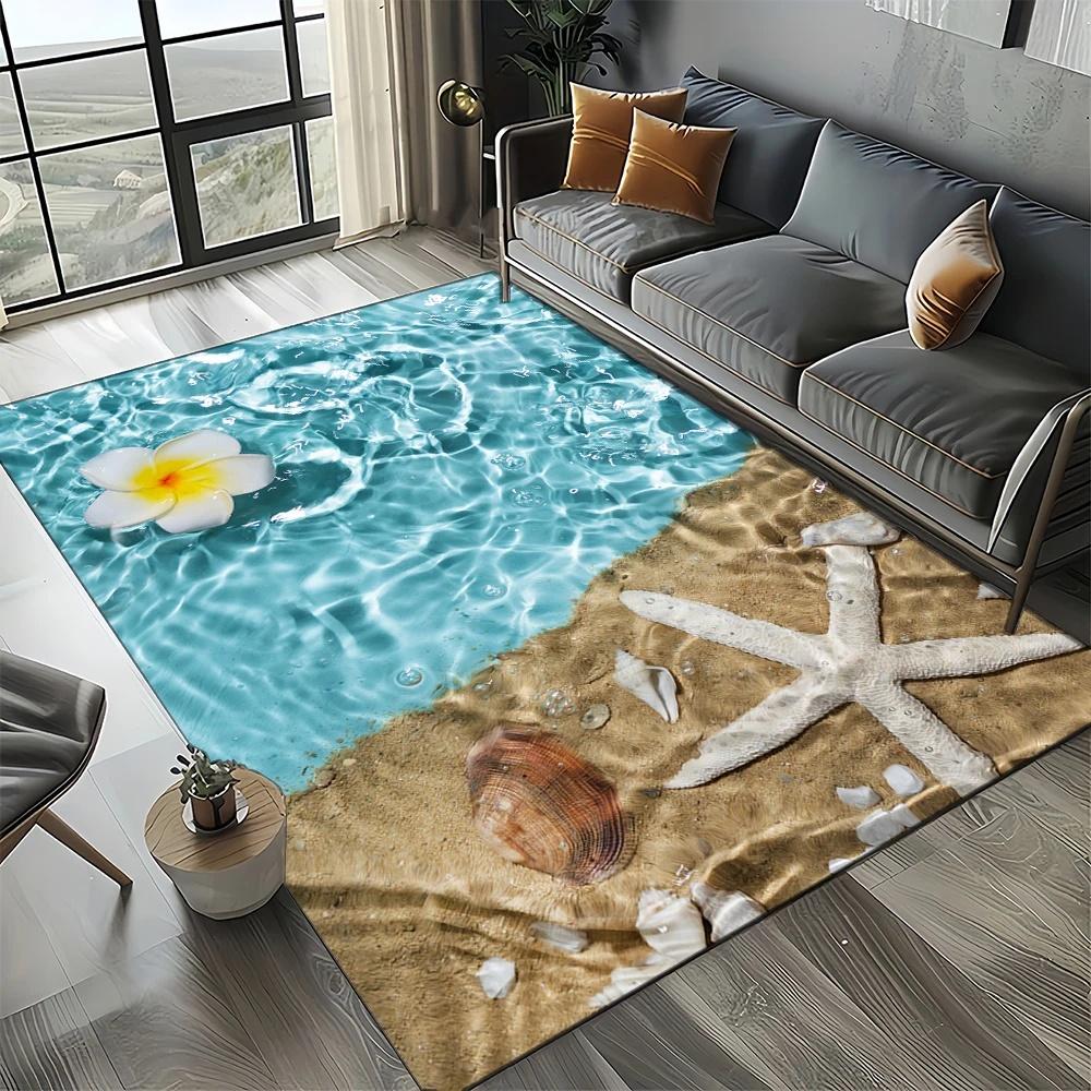 3D Realistic Seashell Starfish Pebble Beach Rug for Living Room Bedroom Coastal Decor Non Slip Carpet Ocean Theme Perfect Gift