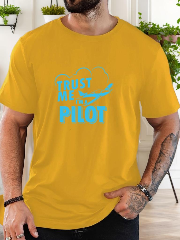 T-Shirt Print 100% Cotton Pilot Slogan Pattern Summer Round Neck Breathable Men's Short Sleeves Loose Cotton Tee Daily Top