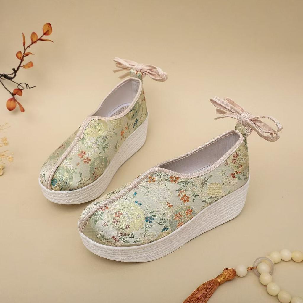 Zeppe Jacquard in Seta da Donna Scarpe Cheongsam Stile Etnico Suola Spessa Cinturino alla Caviglia Leggero Scarpe Hanfu Scarpe a Gonnellino Viso di Cavallo