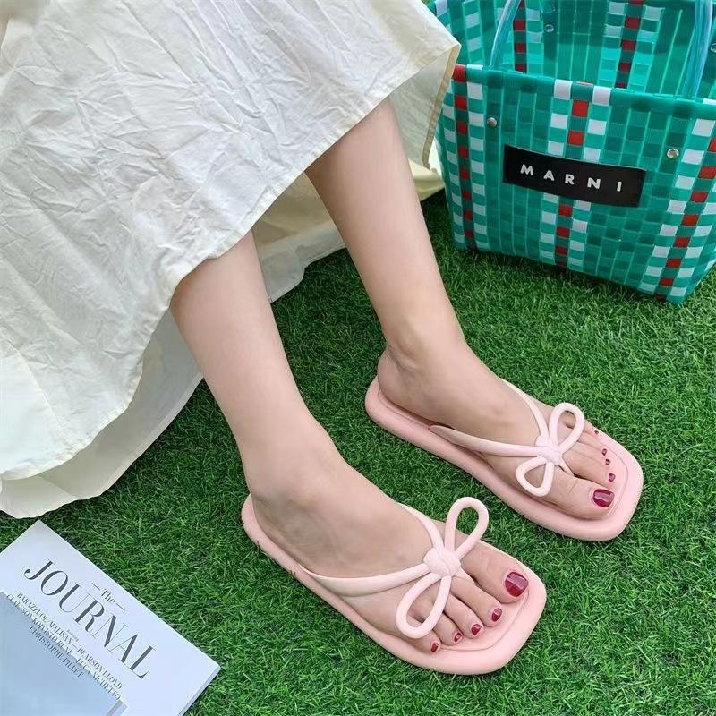 Flip-flops girl wearing slippers in fairy style bow flip-flops soft bottom solid color beach light pinch slippers